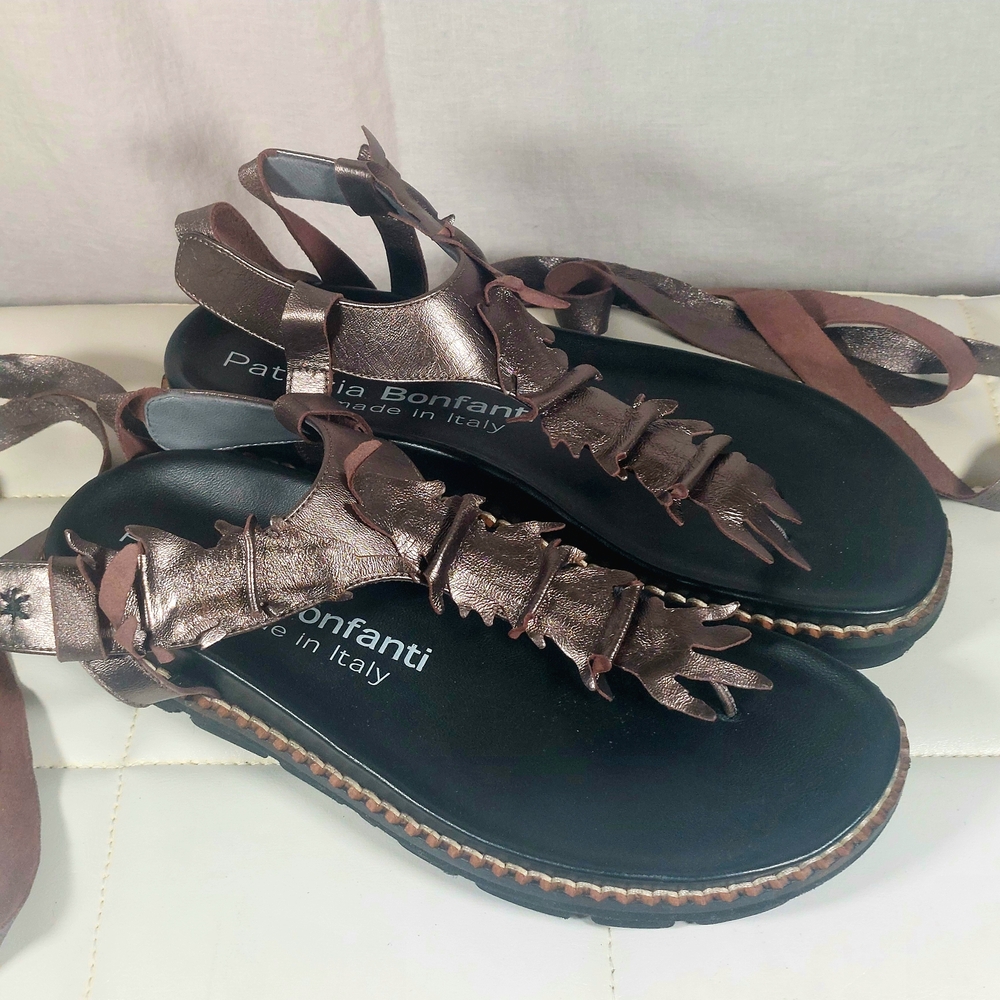 Patrizia Bonfanti Metallic Bronze Leather Ankle-tie Footbed Sandals, EU41, New